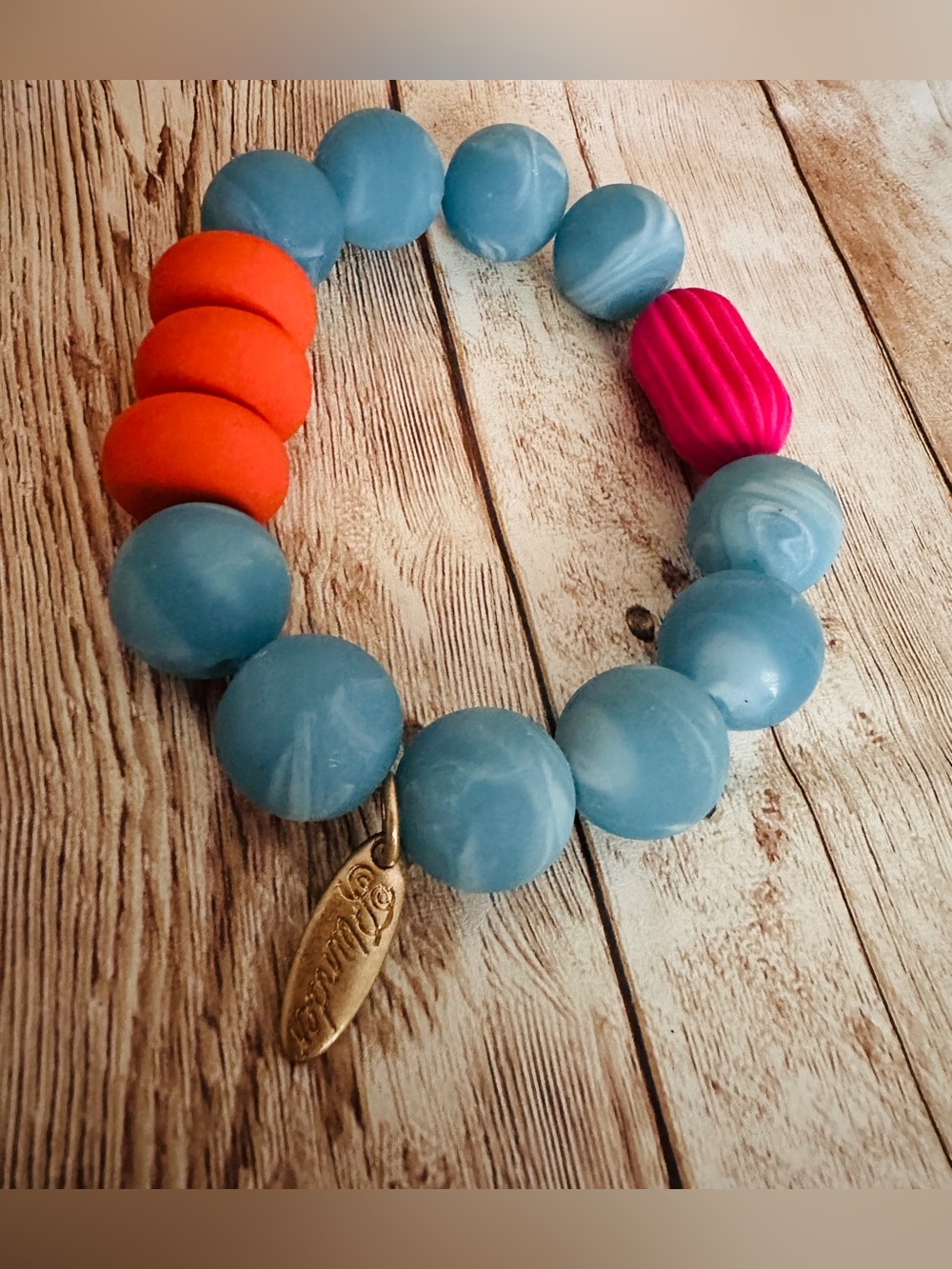 Blue Bead Stretch Bracelet with Orange & Pink Accents - Plunder-Branded Charm